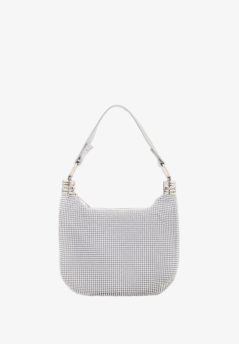 Grå og sølv håndtaske med et tekstureret mønster, rund form, skulderrem og skinnende hardware detaljer. Lynlåslukning øverst.