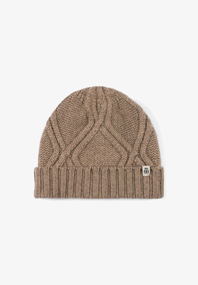 Brown knit beanie with a textured cable pattern. Features a ribbed cuff and a small logo tag on the side. Soft, wool blend material.
