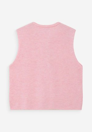 Chaleco de suéter sin mangas de punto acanalado color rosa suave con cuello redondo, mostrado plano mostrando el lado trasero.