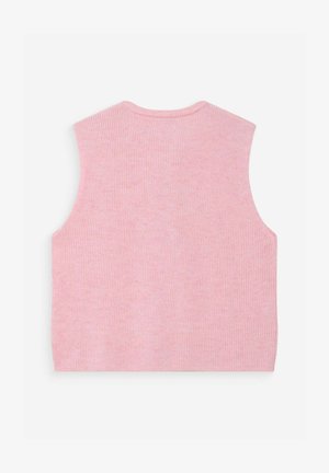 Chaleco de suéter sin mangas de punto acanalado color rosa suave con cuello redondo, mostrado plano mostrando el lado trasero.