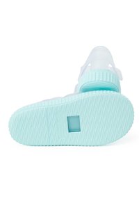 Lichtblauwe rubberen zool met een weergegeven zigzagpatroon en een rechthoekige uitsparing. Semi-transparante bovenkant met een ribbelhak.