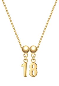 Guldkedja med en kedja som har två små kulor och en hängande pendel i form av siffran "18". Slät yta och glänsande finish.