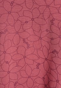 Maroon fabric featuring a floral pattern with large purple flowers and small berries, creating a textured, layered appearance.