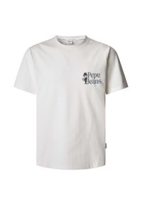 Bílý bavlněný tričko s krátkým rukávem, s šedou grafikou postavy a nápisem "Pepe Jeans" tištěným v levé části hrudi.