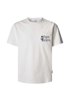 Maglietta in cotone bianca con maniche corte, caratterizzata da una grafica grigia di un personaggio e la scritta "Pepe Jeans" stampata nell'area sinistra del petto.