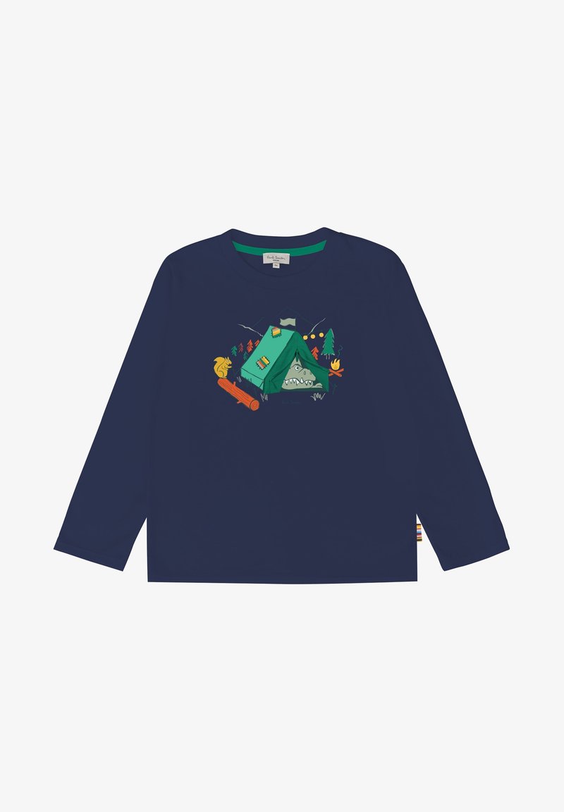 Navyfarbendes Langarmshirt mit einem grünen Zeltgrafik, das Berge, Bäume und Lagerfeuerelemente zeigt, aus weichem Stoff gefertigt.