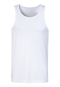 White cotton tank top with a classic round neckline, sleeveless design, and smooth texture. Features a straight hem and minimal stitching.