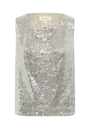 Silver sequin top with a v-neck design, sleeveless, made of shimmering fabric, featuring a smooth interior lining and a relaxed fit.