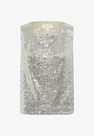 Srebrna bleščica vrh s dizajnom v-izreza, brez rokavov, izdelana iz svetleče tkanine, z gladkim notranjim podloženjem in sproščenim krojem.