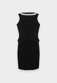 Musta hihaton mekko, jossa on jämäkkä muotoilu, peplum-yksityiskohtia vyötäröllä ja koristeellinen vaaleampi reunus pyöreässä pääntiessä.