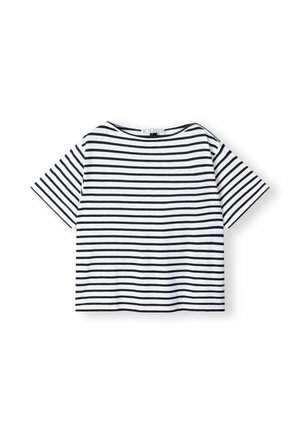 Camiseta de rayas con mangas cortas, con rayas horizontales negras sobre un fondo blanco. Hecha de algodón suave, de corte relajado y con cuello redondo.