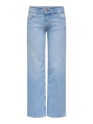 Jean en denim bleu clair à jambes droites avec fermeture avant par bouton et zip, passants pour ceinture et poches avant.