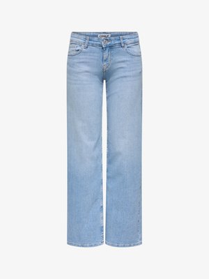 Jean en denim bleu clair à jambes droites avec fermeture avant par bouton et zip, passants pour ceinture et poches avant.