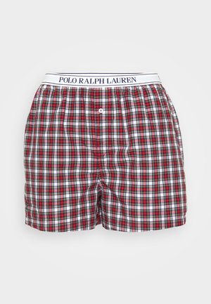 Crvenobijeli karirani bokserice s bijelim elastičnim pojasom na kojem stoji natpis "POLO RALPH LAUREN", prednje zatvaranje na dugme, lagani materijal.