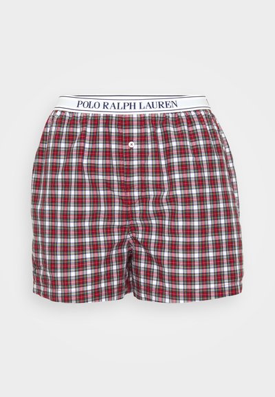 Κόκκινα και άσπρα καρό μποξέρ σορτς με λευκή ελαστική ζώνη που φέρει το κείμενο "POLO RALPH LAUREN", κλείσιμο μπροστινής κουμπότρυπας, ελαφρύ ύφασμα.
