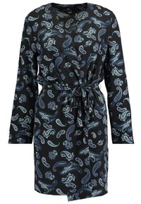 Svart klänning med paisleymönster i blått och grönt. Långa ärmar, knytframtill och v-ringad design. Mjuk tygkvalitet med en svävande silhuett.