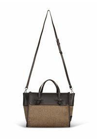 Borsa tote rettangolare marrone con motivo a strisce diagonali, manici in pelle marrone scuro, bordo superiore e tracolla lunga regolabile.