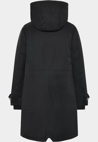 Zwarte hooded parka met een rechte silhouet, lange mouwen en verstelbare manchetten. Glad textuur en minimalistisch ontwerp, geen zichtbare versieringen.