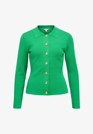 Cardigan verde a maniche lunghe con bottoni, colletto e sette bottoni dorati sul davanti.