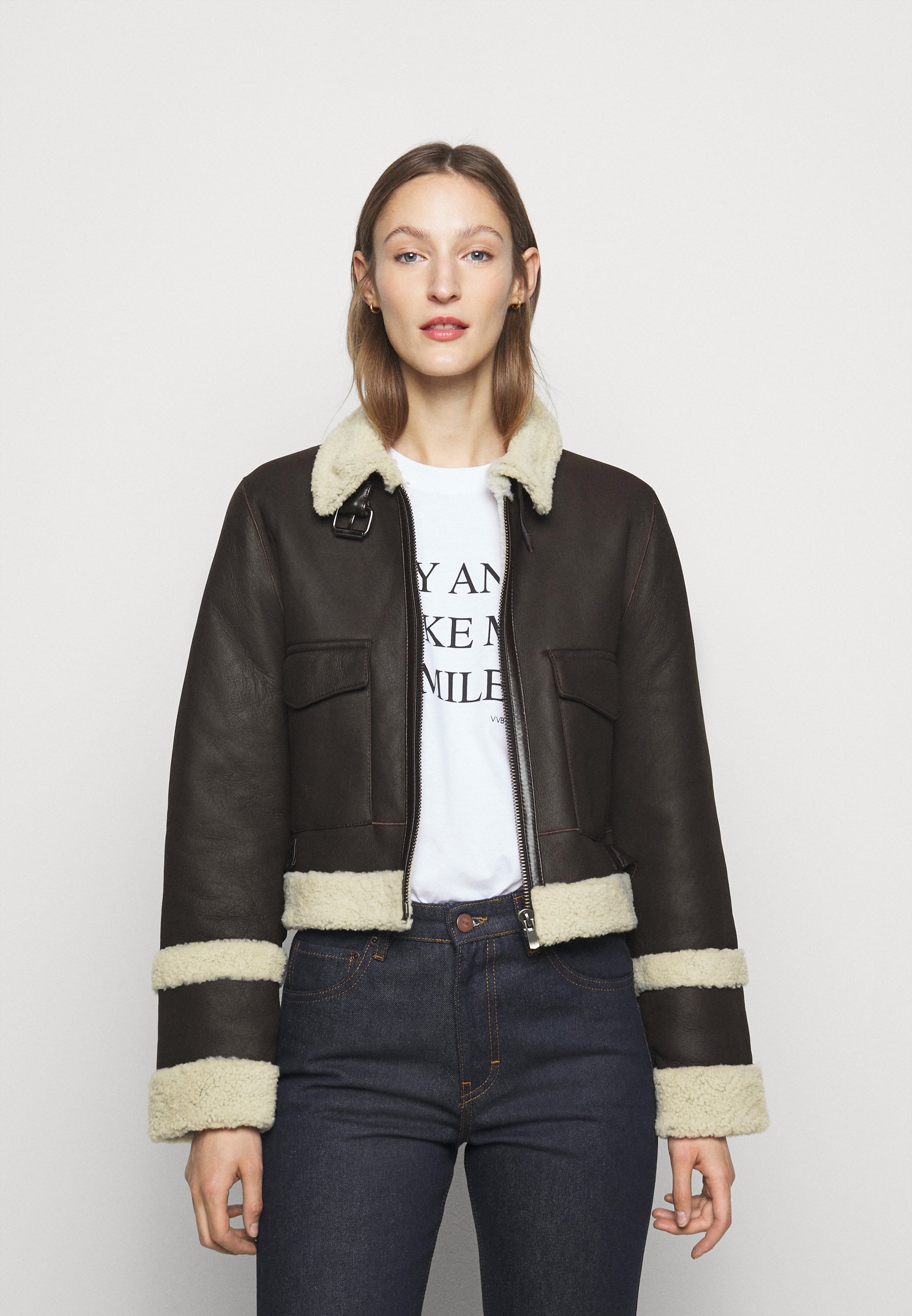 CROPPED AVIATOR JACKET Leren jas chestnut brown CROPPED AVIATOR JACKET Leren jas chestnut brown