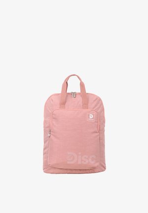 Hellrosa rechteckiger Rucksack mit doppeltem Reißverschluss, vordere Reißverschlusstasche, zwei Stoffgriffen und weißem Discovery-Logo auf Tasche und oberer rechter Ecke.