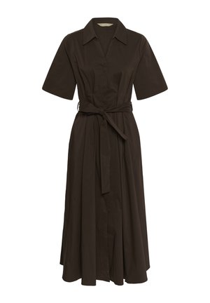 Tumepruun keskmise pikkusega kleit lühikeste varrukatega, krae, nööbitav esikülg ja vöödiga talje, disainitud mugavaks istuvuseks.