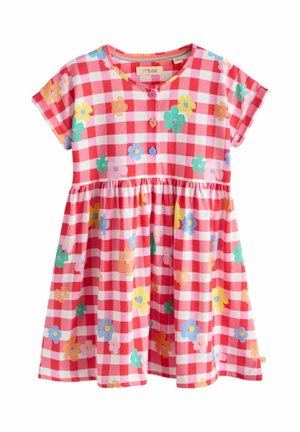 Robe à manches courtes pour filles avec motif à carreaux rouges et blancs, imprimés floraux multicolores, taille froncée et trois boutons colorés sur la poitrine.