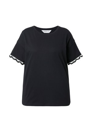 Schwarzes Baumwoll-T-Shirt mit kurzen Ärmeln, das am Saum mit gewelltem Spitzenbesatz versehen ist. Lockere Passform und runder Ausschnitt. Einfaches, einfarbiges Design.