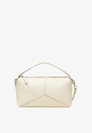 Borsa in pelle crema con una forma rettangolare e strutturata. Presenta una chiusura superiore con zipper, dettagli di cucitura sottili e una tracolla staccabile.