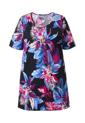 Sort kortærmet kjole med livligt tropisk blomsterprint i nuancer af blå, lilla, rød og hvid.
