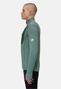 Groene gestreepte lange mouwen top met een hoge kraag, ritssluiting zak en contrasterend donkergroen paneel; heeft een embleem op de mouw.