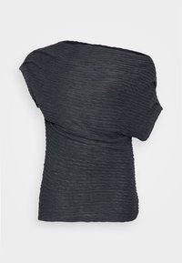 Schwarzes, strukturiertes Oberteil mit einem drapierten Design. Es verfügt über wellenförmige Linien und einen asymmetrischen Ausschnitt, gefertigt aus einem leichten Material.