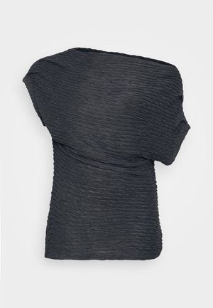 Black, textured top with a draped design. Features wavy lines throughout and an asymmetrical neckline, made from a lightweight material.