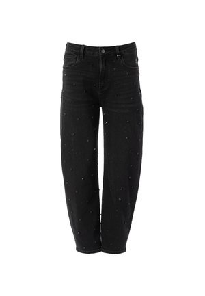 Zwarte spijkerbroek van denim met een losse pasvorm, versierd met kleine decoratieve kralen door het geheel. Traditioneel vijf-pocket ontwerp en ritsgulp.