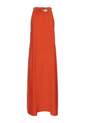Maxikleid aus leuchtend orangefarbenem Stoff mit einem Halsband-Ausschnitt, gerafften Details an der Vorderseite und einer sanften, fließenden Silhouette.