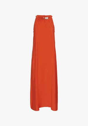 Maxikleid aus leuchtend orangefarbenem Stoff mit einem Halsband-Ausschnitt, gerafften Details an der Vorderseite und einer sanften, fließenden Silhouette.