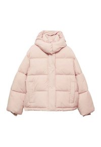 Světle růžová bunda s prošíváním, vysokým límcem, dlouhými rukávy a předními kapsami, navržená do chladného počasí.