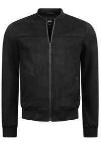 Veste bomber noire avec une finition lisse et texturée, fermeture zippée, col montant, et poignets et ourlet côtelés. Design minimaliste sans motifs visibles.