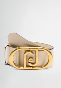 Cintura in pelle beige con fibbia ovale in tonalità oro e logo impresso. Texture liscia e finitura lucida. Design classico con una silhouette elegante.