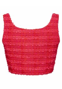 Top corto texturizado de color rosa con escote cuadrado y tirantes anchos, que presenta un patrón de tela tejido.