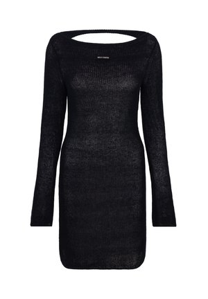 Zwarte lange mouw gebreide jurk met een brede halslijn en een aansluitend silhouet, met een klein wit logo op de borst.