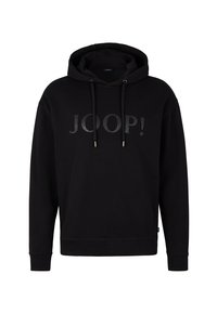 Sudadera negra con bolsillo canguro frontal, capucha ajustable con cordones y gran logo "JOOP!" en textura mate. Presenta puños y dobladillo de canalé.