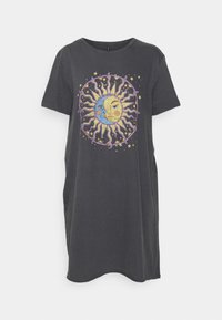 Charcoal gray T-shirt dress with short sleeves, featuring a central sun and moon graphic in blue, yellow, and purple, surrounded by stars.