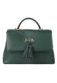 Zielona skórzana torebka o wyraźnej strukturze, z górnym uchwytem, złotymi elementami, dekoracyjnymi chwostami oraz owalnym logo z przodu.