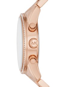Montre ronde en or rose avec une lunette texturée, un cadran blanc et trois poussoirs. Présente un design minimaliste et des accents scintillants.