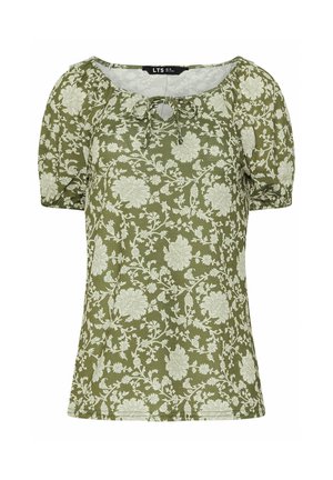 Blouse vert olive avec des manches courtes bouffantes, ornée d'un imprimé floral blanc et d'un détail de lien à l'encolure. Texture douce.