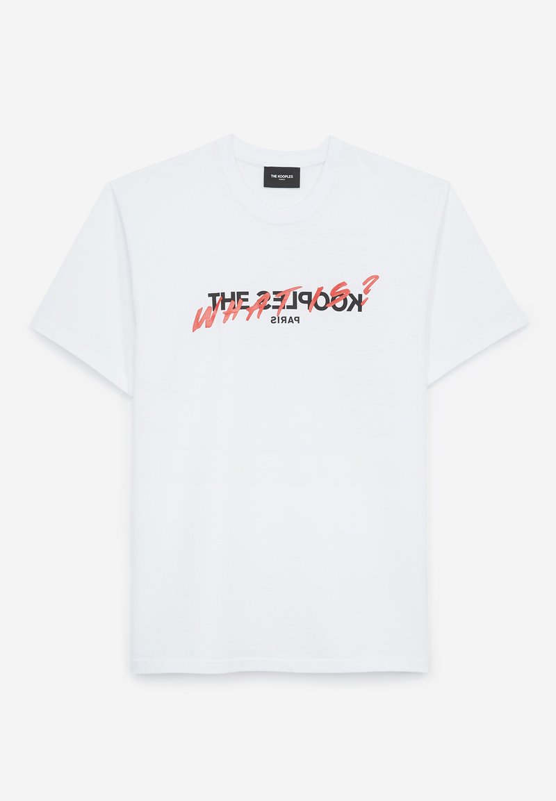 White cotton t-shirt with short sleeves featuring a black and coral graphic print. Text reads: "THE KOOPLES? WHAT?" and "PARIS."