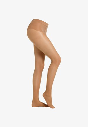Meias-calças nuas e transparentes com uma cintura sem costura, apresentando uma textura suave e um design curvo que se adapta à forma da perna.
