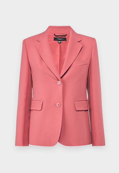 Pink tailored blazer with a notched lapel, two-button closure, and two front pockets. Made of smooth fabric with a clean, structured design.