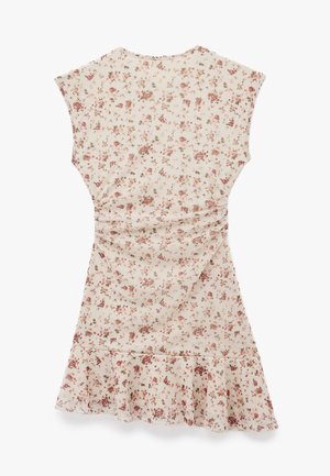 Bloemenjurk met een crèmekleurige achtergrond met een roze en bruine bloemenprint, kapmouwen en een uitlopende volantszoom. Licht, textielachtig materiaal.